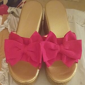 Gold Platform Slide Mules with Hot Pink Bow